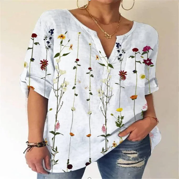 Summer Women Loose Printed Cotton Blend V-neck Three-quarter Sleeve Top