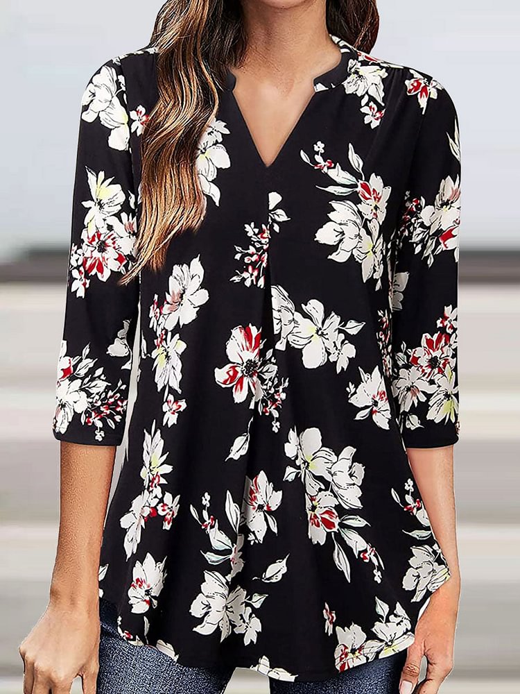 V-neck Casual Loose Floral Print Long Sleeve Blouse socialshop