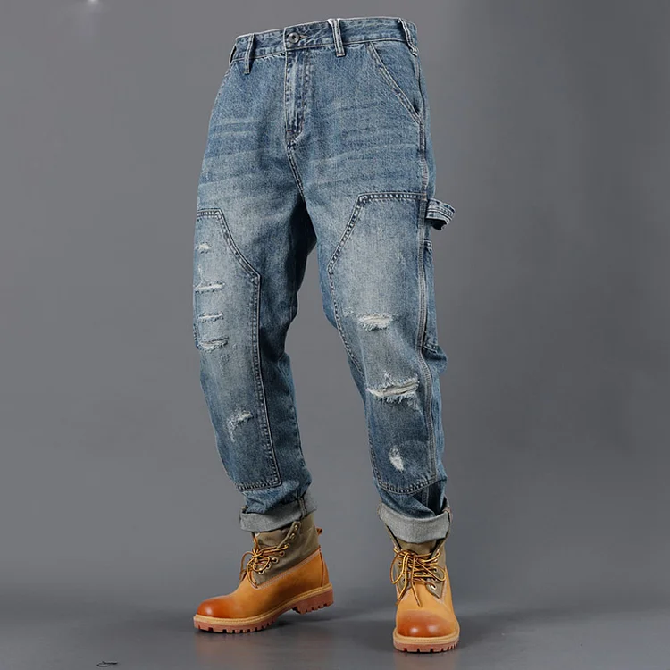 TIMSMEN American Washed Ripped Loose Multi Pocket Straight Jeans