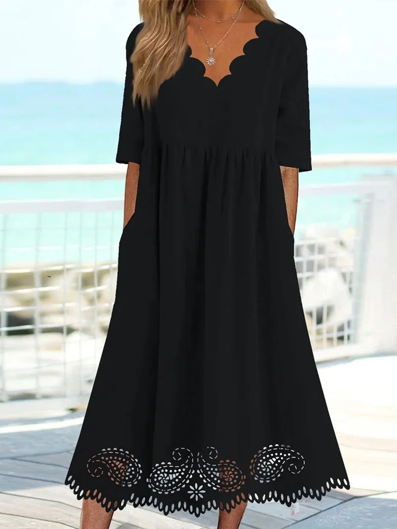 Women's Black Half Sleeve V-neck Lace Midi Dress