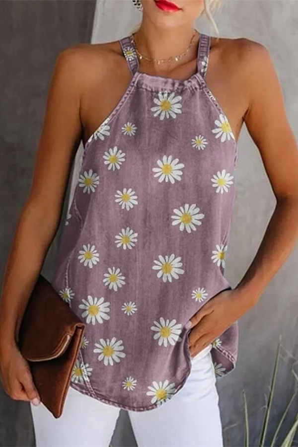 Chrysanthemum Print Sleeveless Tank Chic Top