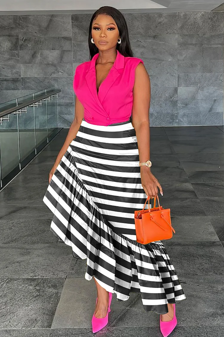 Striped Ruffled Irregular Hemline Slim Fit Vacation Midi Skirt