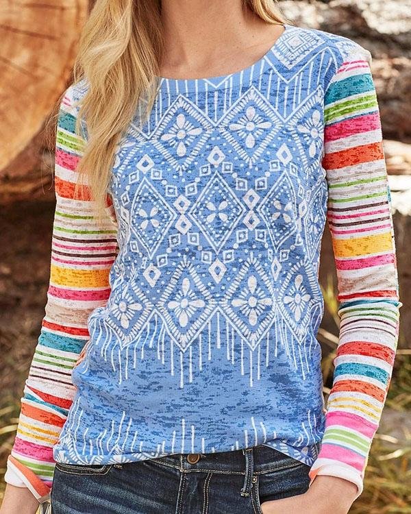 Rainbow Color Print Paneled Long Sleeves T-shirt