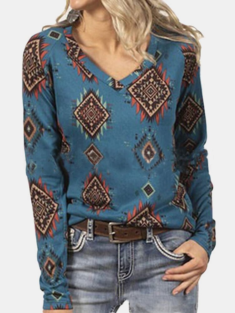 Geometric Print V neck Long Sleeve Casual T Shirt For Women P1783190
