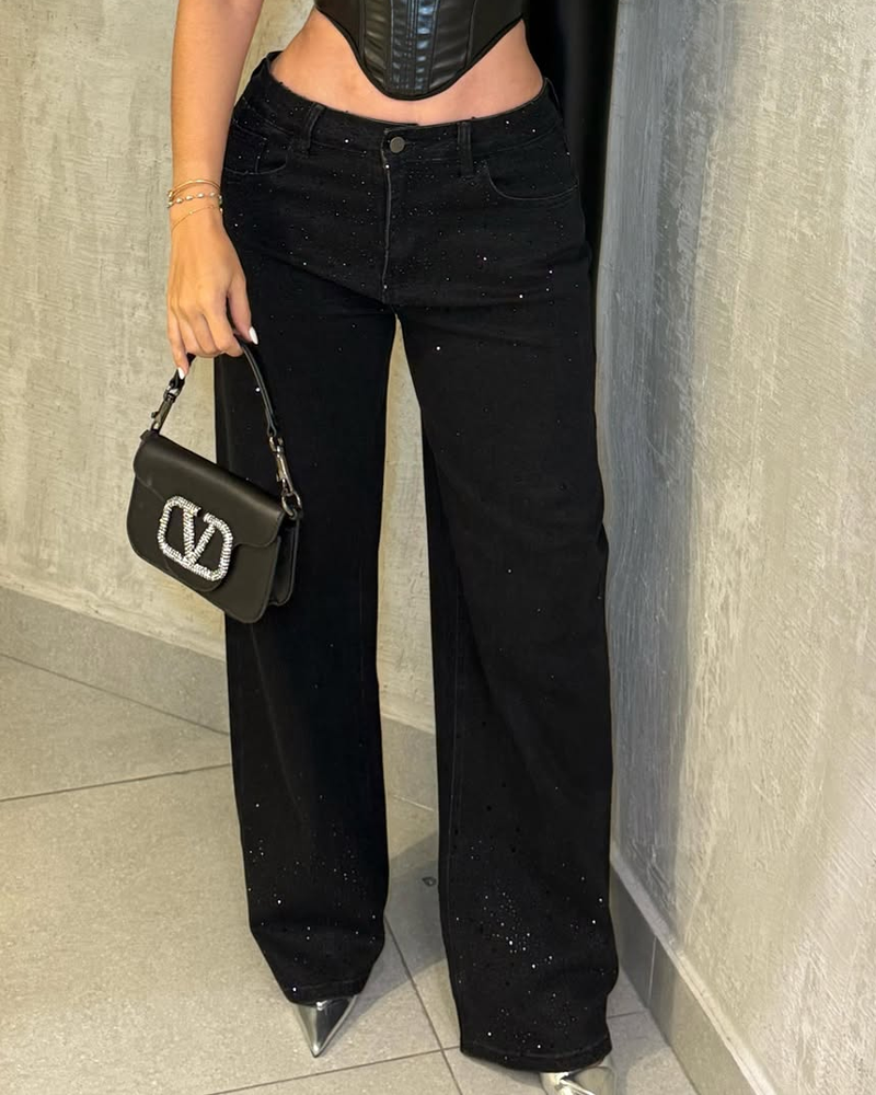 Women's Diamond Rhinestone Jeans High Waist Straight Wide Leg Stretchy Bling Denim Pants