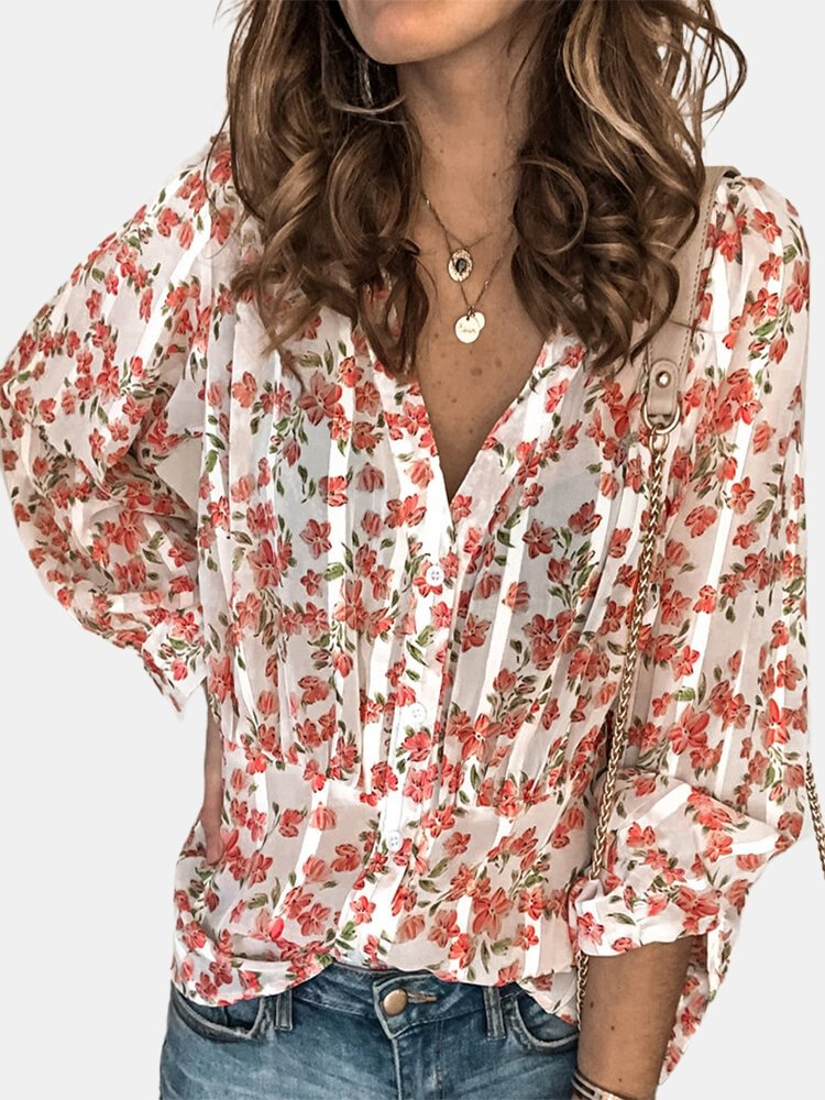 Pleated Floral Print Long Sleeve Casual Blouse For Women P1701517
