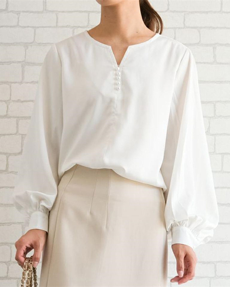 Button Detail V Neck Puff Long Sleeve Top