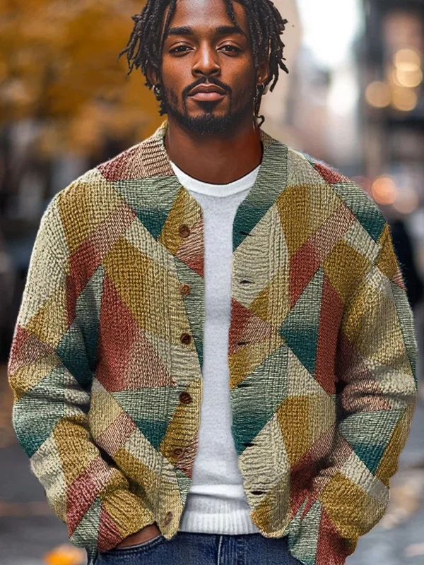 Men's Geometric Color Blocks Print Button Down Knit Cardigan