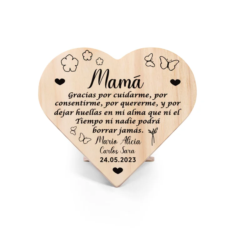 Adorno de madera en forma de corazón para mi mamá personalizado con 4 nombres y fecha