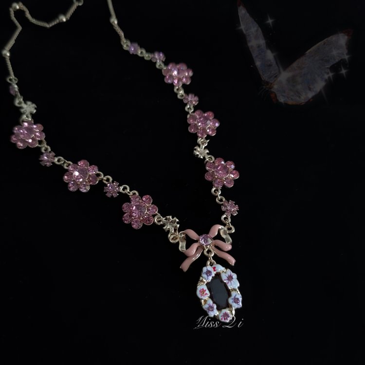 Pink Bow Gemstone Necklace Earrings - Pink