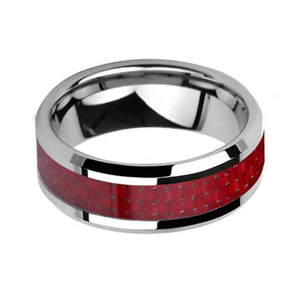 Red Carbon Fiber Inlay Matching Tungsten Carbide Rings Beveled Edge