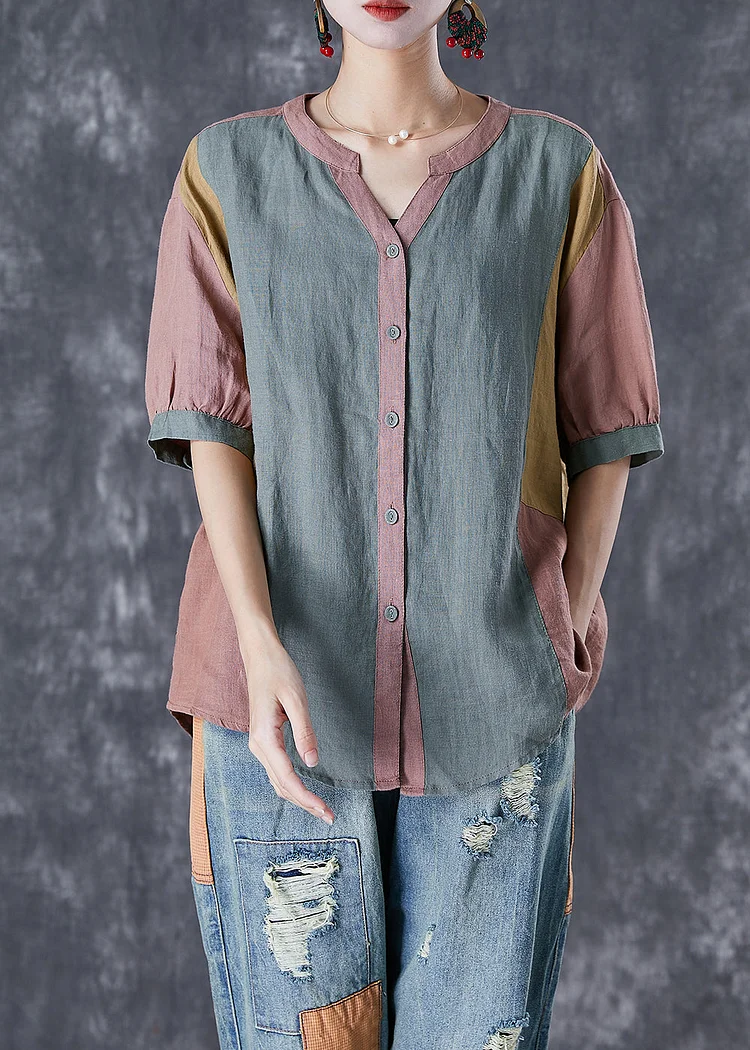 Retro Colorblock V Neck Patchwork Linen Shirt Tops Summer