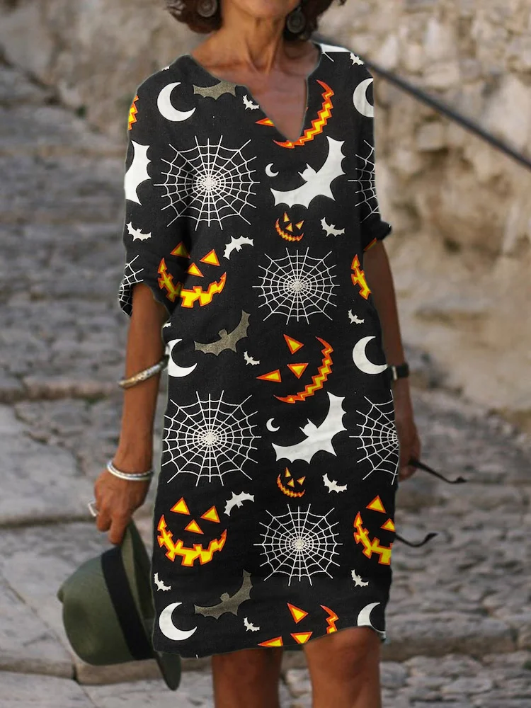 Vefave Halloween Bat Ghost Face Graphic Comfy Dress