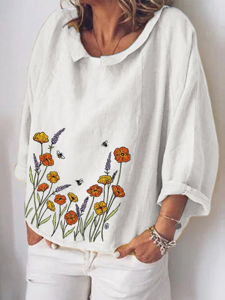 Floral Printed O neck 3/4 Sleeve Blouse For Women P1711497