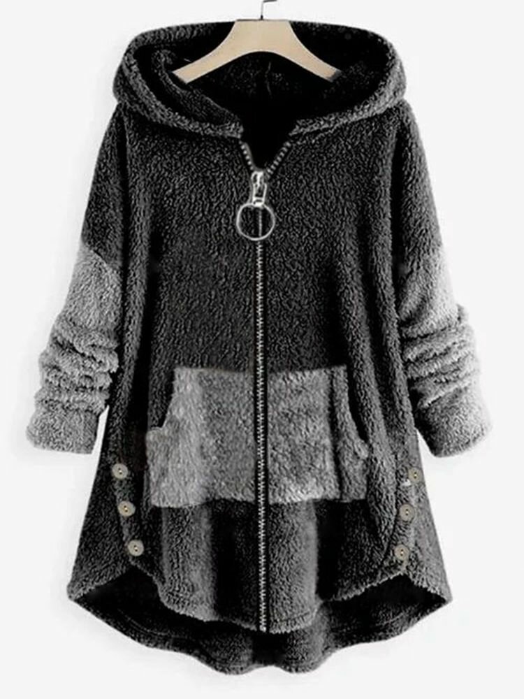 Contrast Color Plush Zip Front Long Sleeve Pocket Button Coat