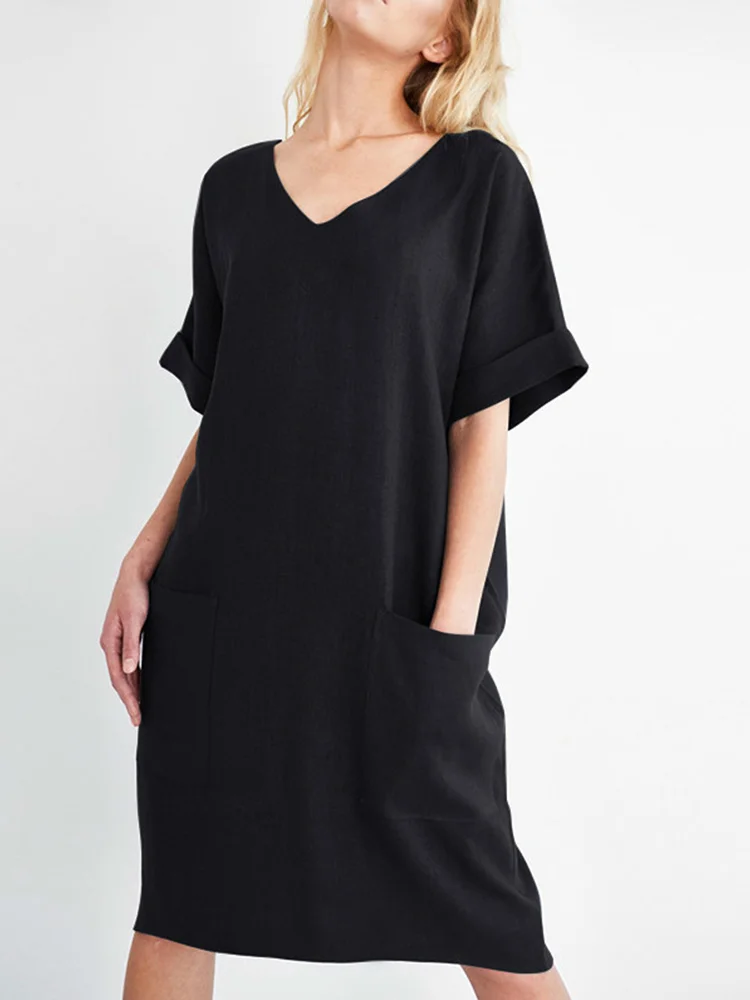 Loose-Fit Casual V-Neck Midi Dress