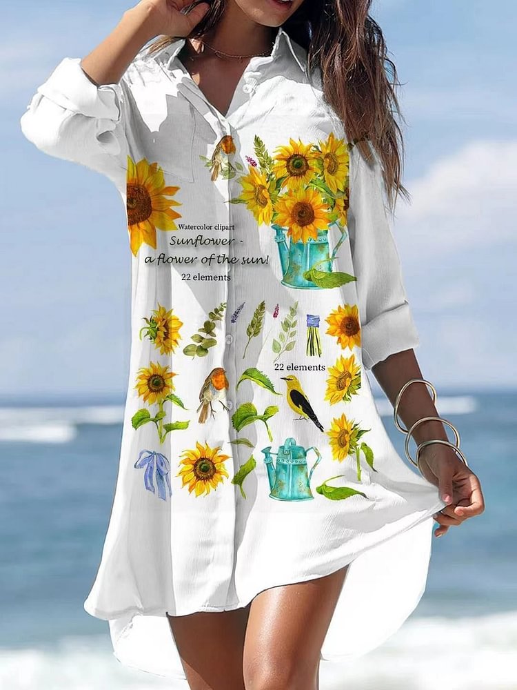 Sunflower Print Irregular Pocket Shirt Mini Dress socialshop