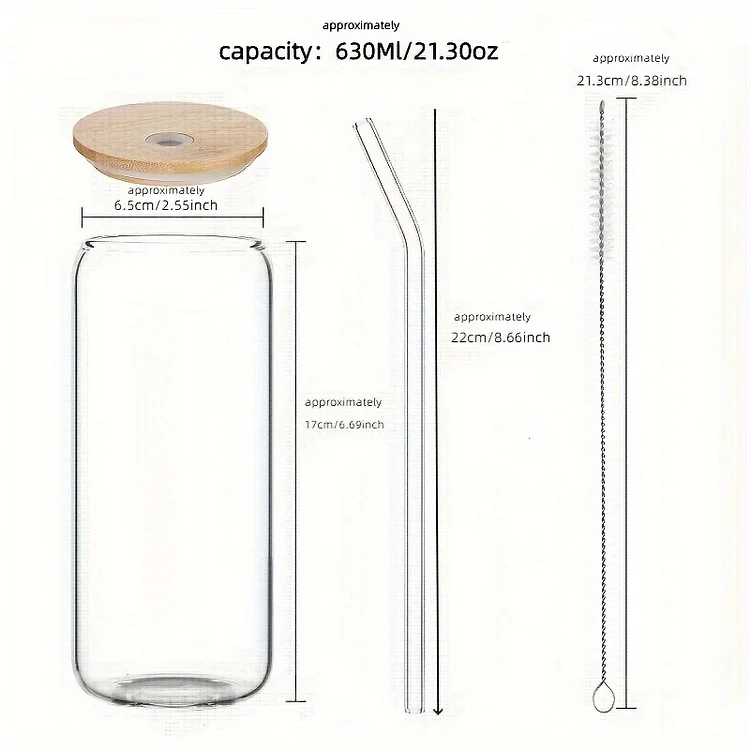4pcs/set (1pc 630ML Water Cup +1pc Bamboo Lid + 1pc Glass Straw + 1pc Straw Brush) 21.3 Ounce ( Approximately 603.8 Grams) High Borosilicate Drinking Cups, Cute Reusable Boba Bottles, Ice Coffee Cups, Tea, For Restaurant