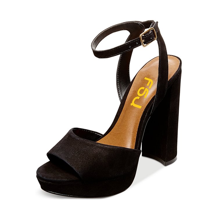 Black Ankle Strap Sandals Suede Open Toe Block Heel Sandals |FSJ Shoes
