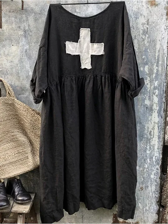 Women Half Sleeve Linen Dress With Swiss Cross