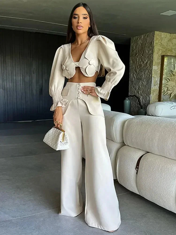 Tlbang Flare Sleeve Blouse & Trouser Set Women Chic V Neck Backless Crop Top High Waist Wide Leg Pants Suit 2024 Spring Outfits