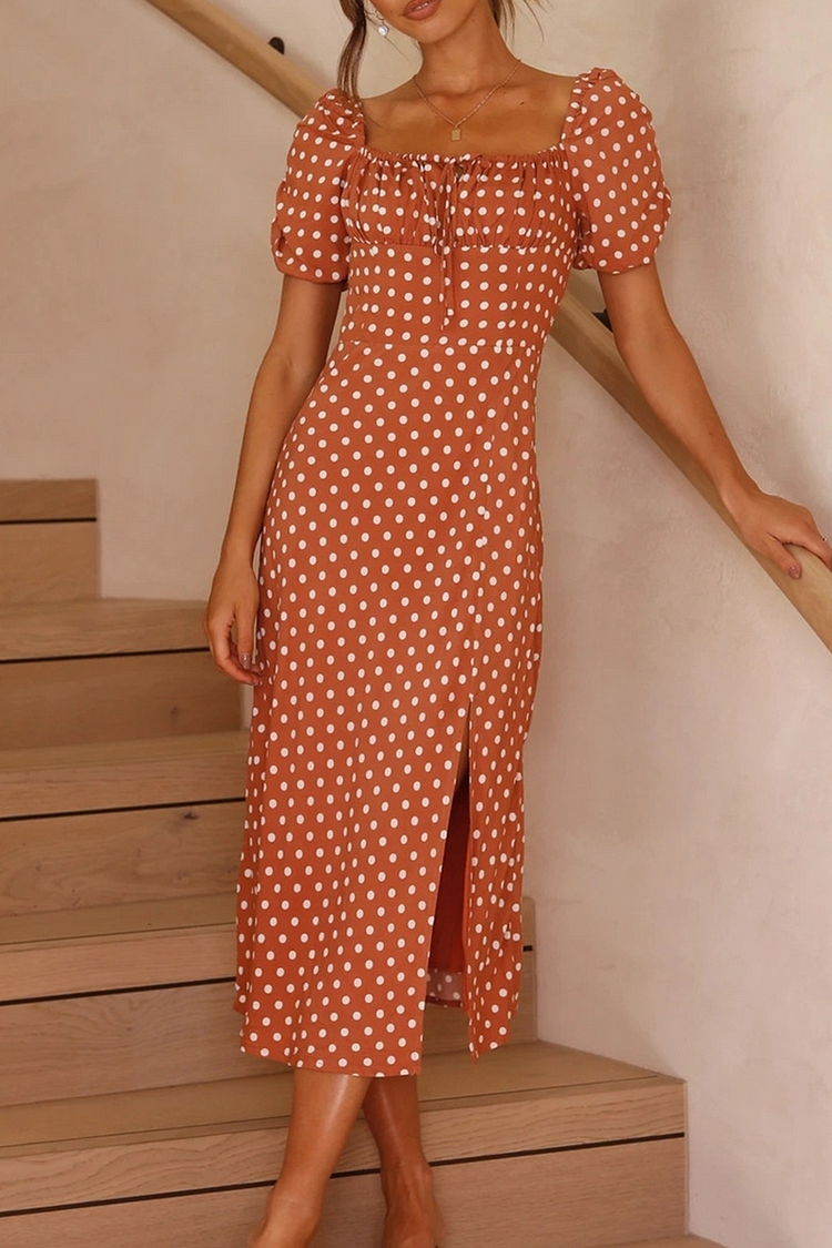 Fashion Elegant Dot Draw String Slit Square Collar A Line Dresses