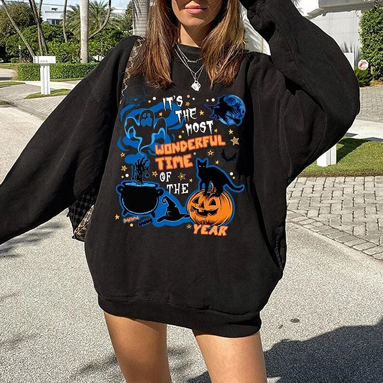 Vefave Casual Crew Neck Halloween Print Sweatshirt