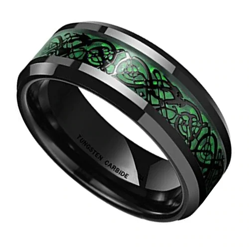 4MM 6MM 8MM 10MM Tungsten Carbide Men's Women Black with Green Celtic Dragon Knot Wedding Rings Band. Inner and Outer Green Tone with Resin Inlay Over Meteorite Style Design Tungsten Ring