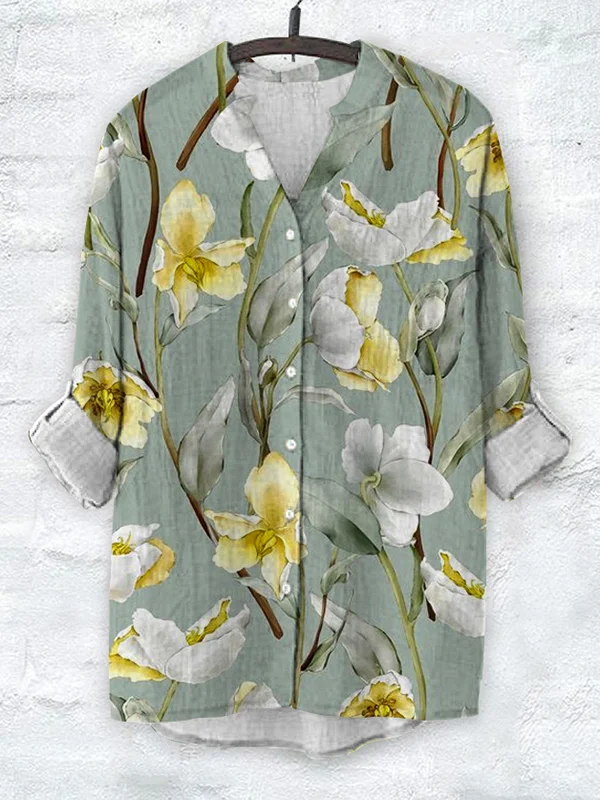 Women's Floral Art Print V Neck Cotton And Linen Vacation Shirt