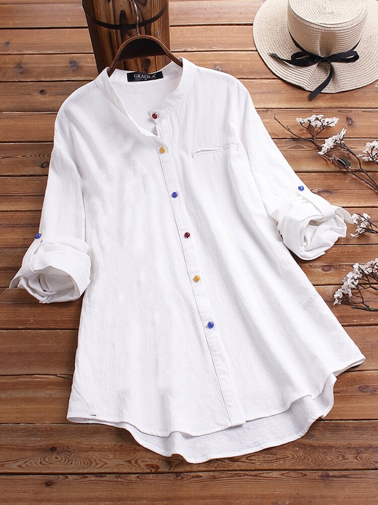 Vintage Solid Color Button Casual Blouse For Women P1668821