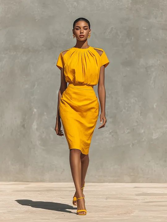 Women's Yellow Cotton-Linen Off-Shoulder Top With Pleated Collar And Pencil Skirt Set