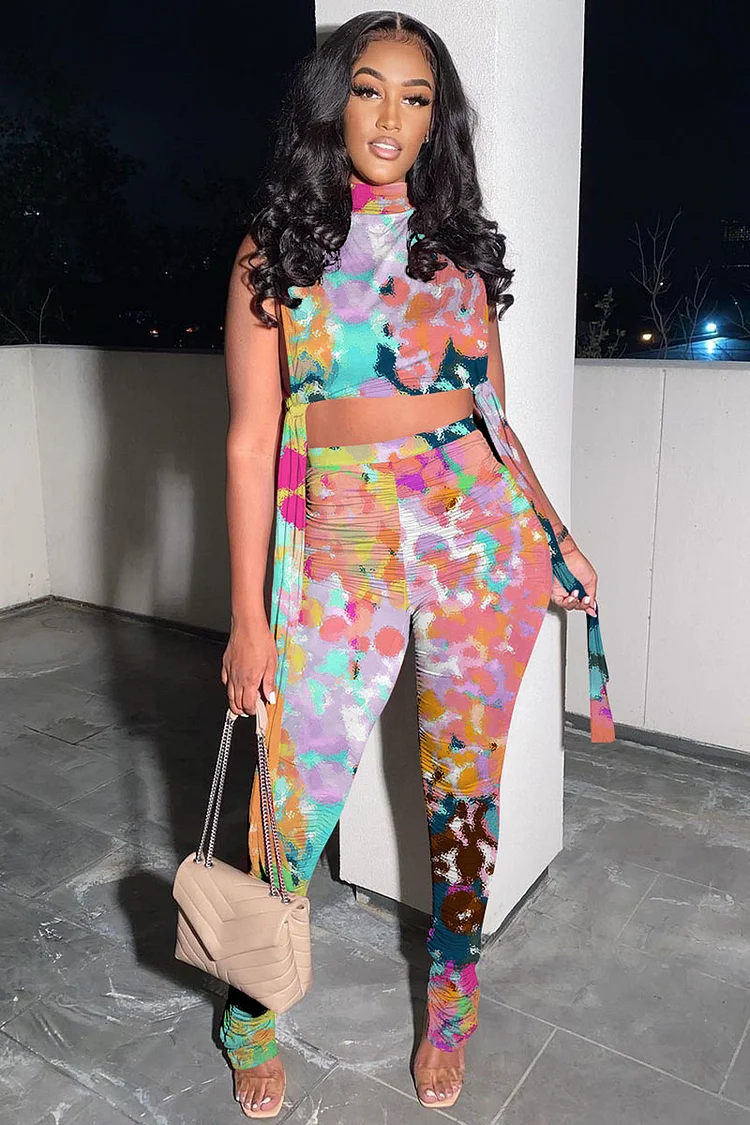 Pattern Print Sleeveless Sash Side Crop Top High Waist Ruched Leggings Two-Piece Set