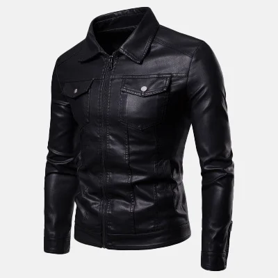 Men's Turndown Collar With Pockets PU Leather Jackets