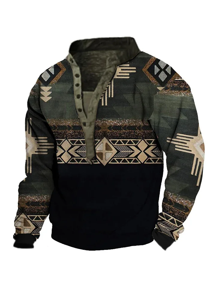 Men's Ethnic Print Henley Collar Sweatshirt-JRSEE