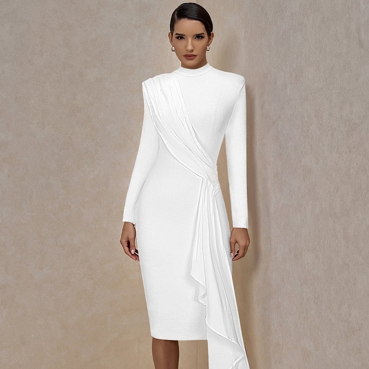 New Arrival Drape Crew Long Sleeve Bandage Dress 2022 Winter Women White Bandage Dress Bodycon Sexy Evening Party Dress - BlackFridayBuys