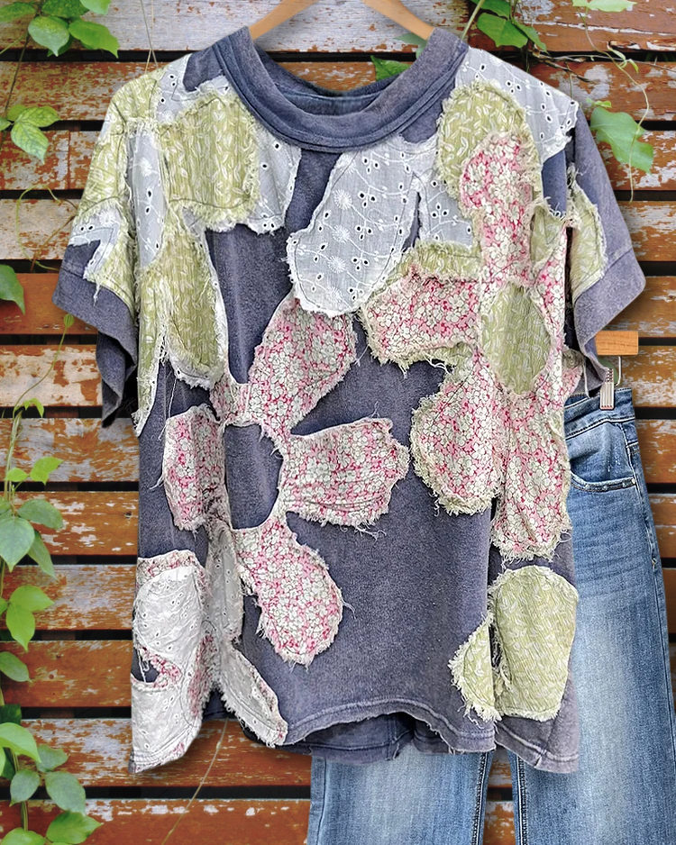 Love Patchwork Tulle Summer Tee For Women Black Round Neck Cotton Blend Flowy Comfort main image 0