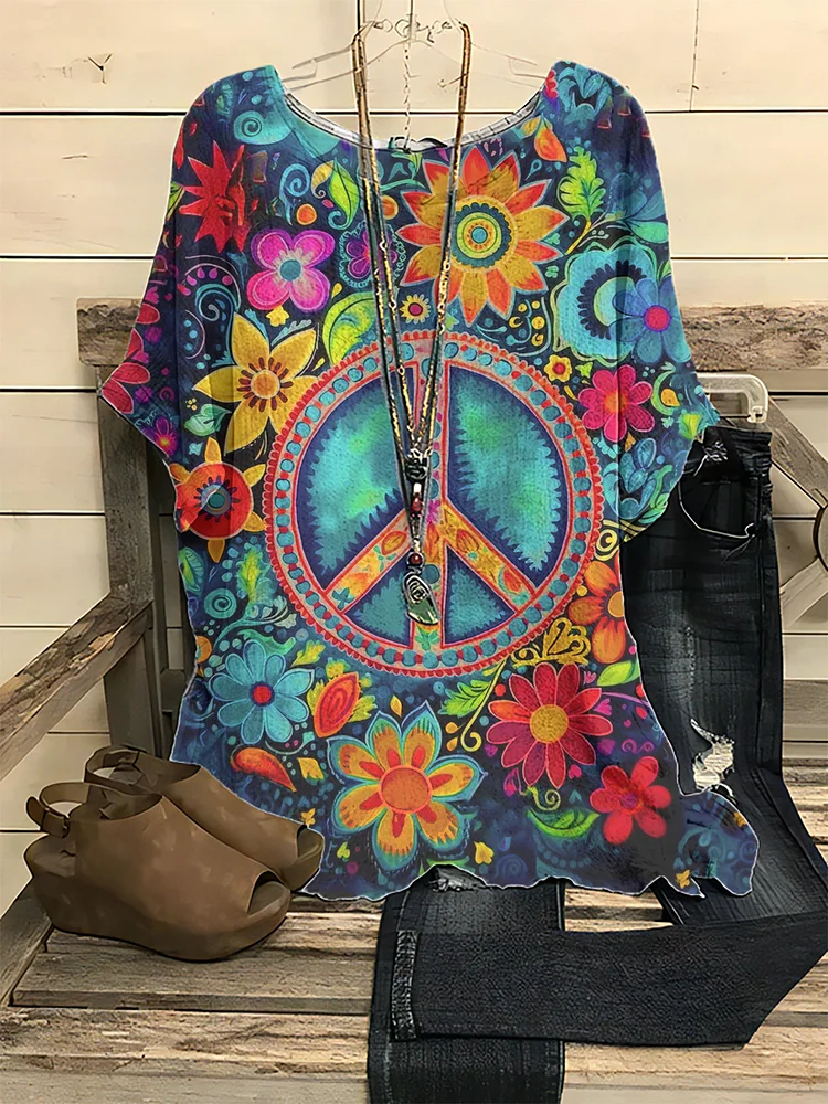 Women's Hippie Peace Sign Crew Neck Short Sleeve Top socialshop