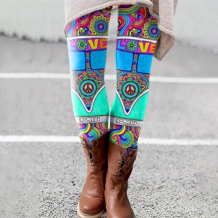 Hippie Pets Peace Car Sunflower Printed Leggings