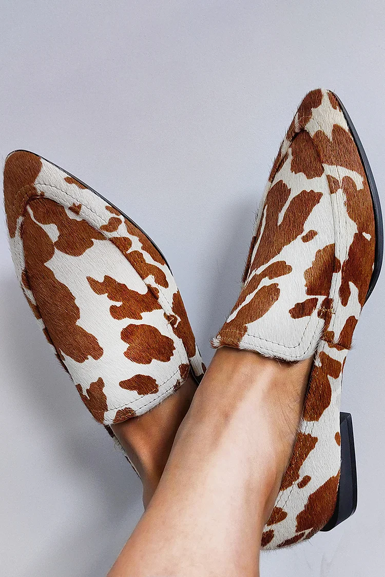 Cow Pattern Print Stitch Detail Slip On Brown Genuine Cow Leather Flats