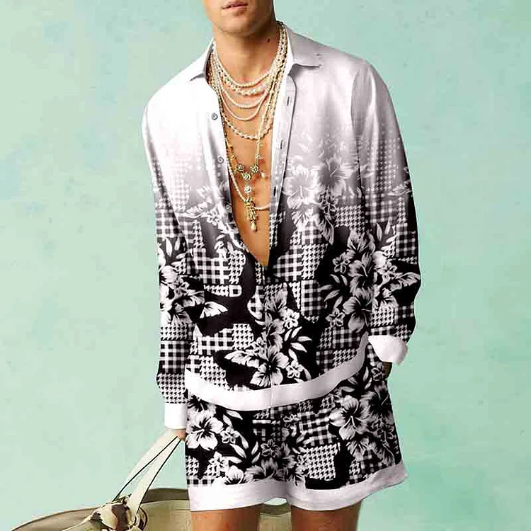 BrosWear Gradient White Check Baroque Print Shirt And Shorts Co-Ord