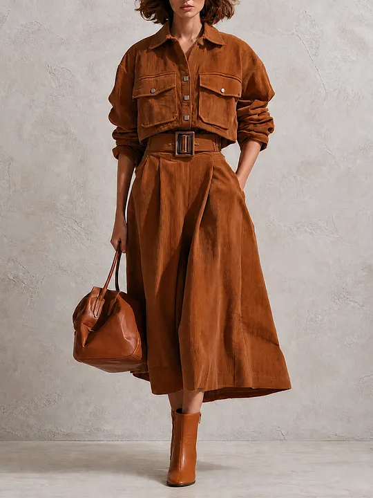 Women's Vintage Corduroy Collared Dropped-Shoulder Long-Sleeve Cropped Jacket & Belted High-Waisted A-Line Midi Skirt Set MD
