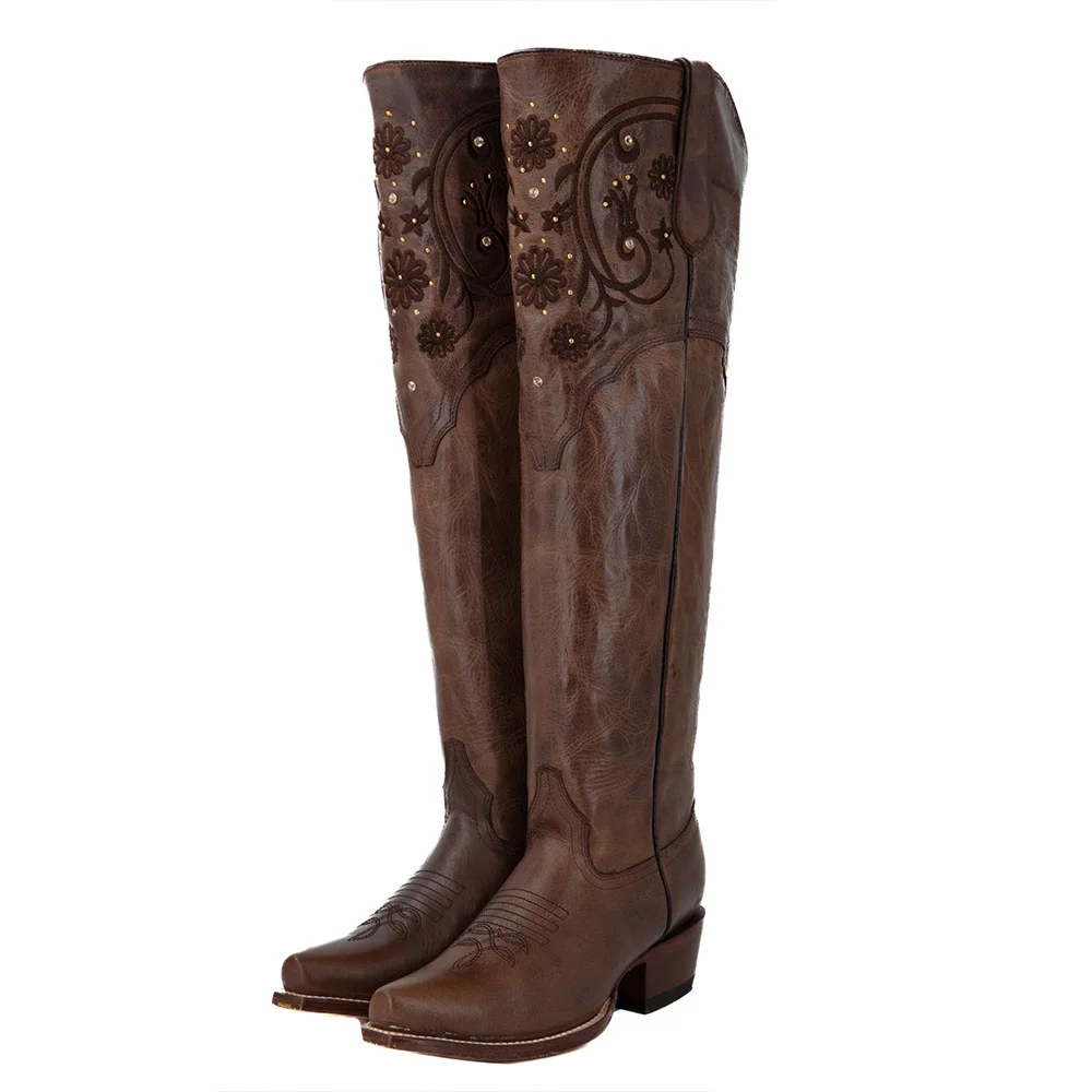 Brown Vegan Leather Snip Toe Floral Embroidery Inlay Thigh High Cowgirl Boots With Chunky Heels Nicepairs