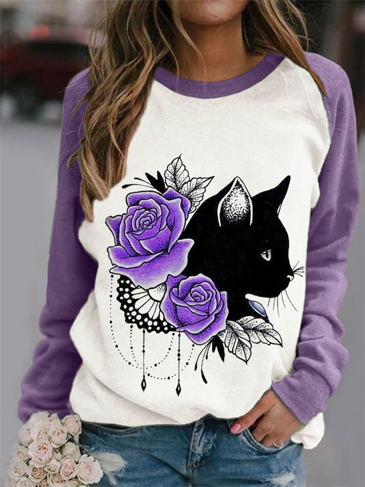 Elegant Mistery Cat Contrast Color Pullover