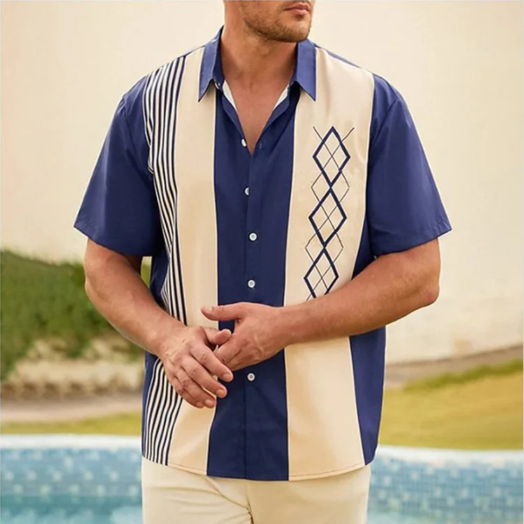 BrosWear Hawaiian Color Contrast Men's Short Sleeve  Beach Shirt