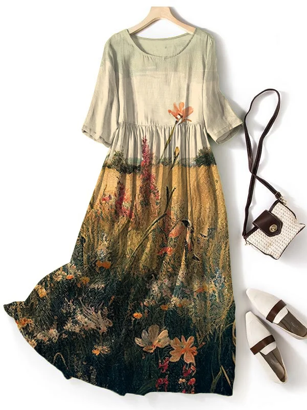Women's Field Landscape Oil Painting Art Print Crew Neck Maxi Dress