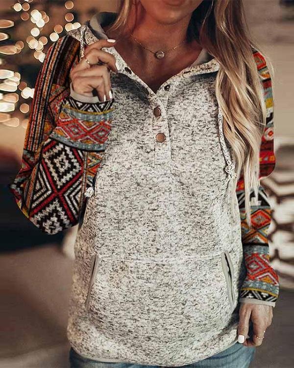 Fashion Print Button Down Hooded Sweatshirt