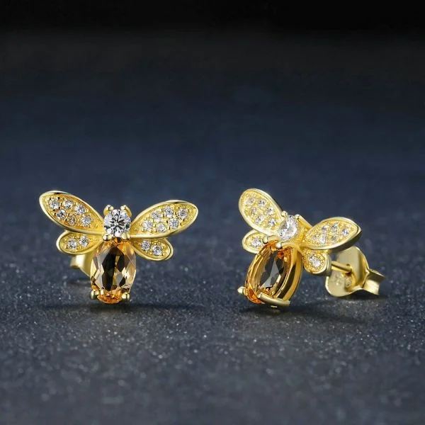 Natural Citrine Gemstone Bee 14k Yellow Gold Plated 925 Sterling Silver Stud Earrings For Women