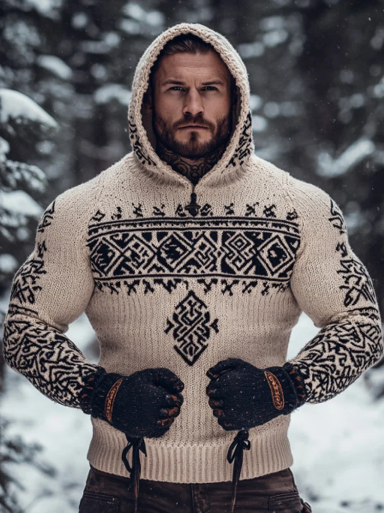 Men's Retro Viking Tribal Celtic Contrast Patchwork Chunky Hooded Sweater