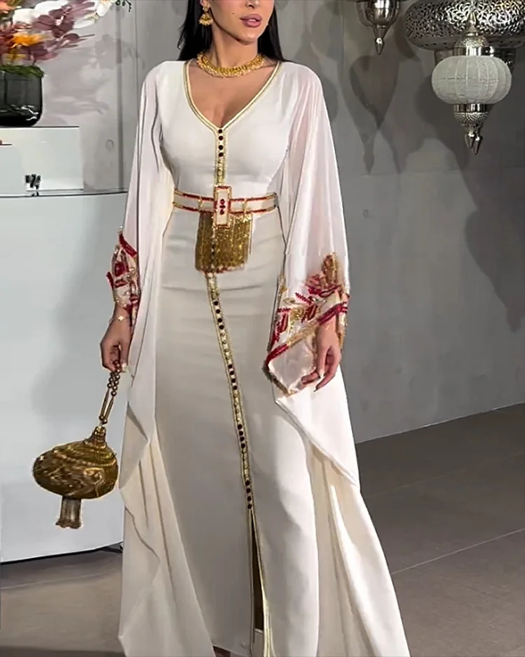 Women's V Neck Embroidered Kaftan Dress
