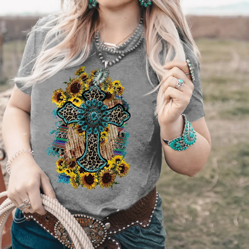 Leopard Cross Sunflower Printed Women's T-shirt